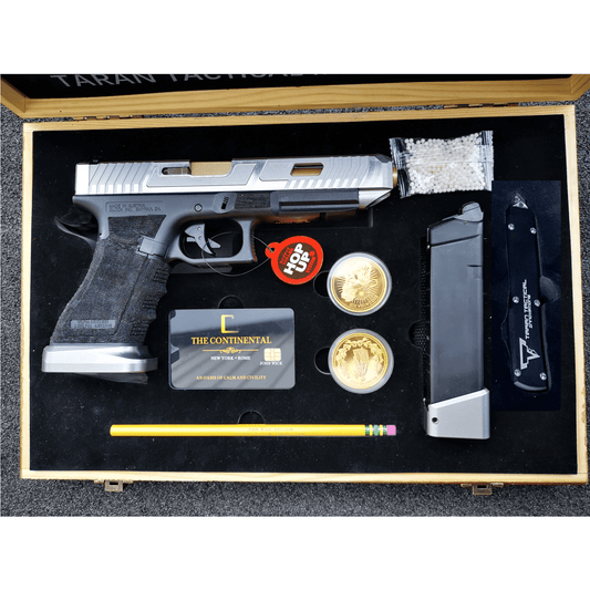 Double Bell Glock 34 TTI Style JW John Wick Pistol With Wood Case GBB Gel Blaster silver slide