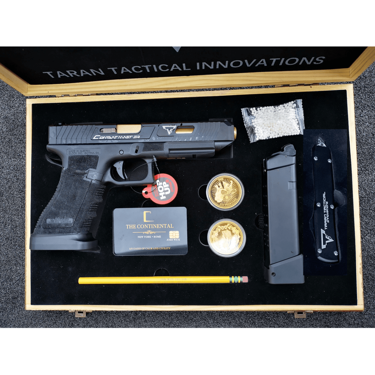 Double Bell Glock 34 TTI Style JW John Wick Pistol With Wood Case GBB Gel Blaster