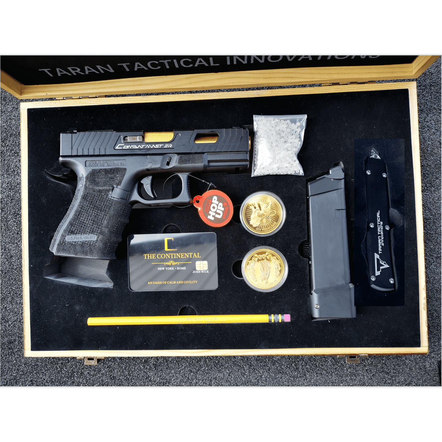 Double Bell Glock 19 TTI Style JW John Wick Pistol With Wood Case GBB Gel Blaster