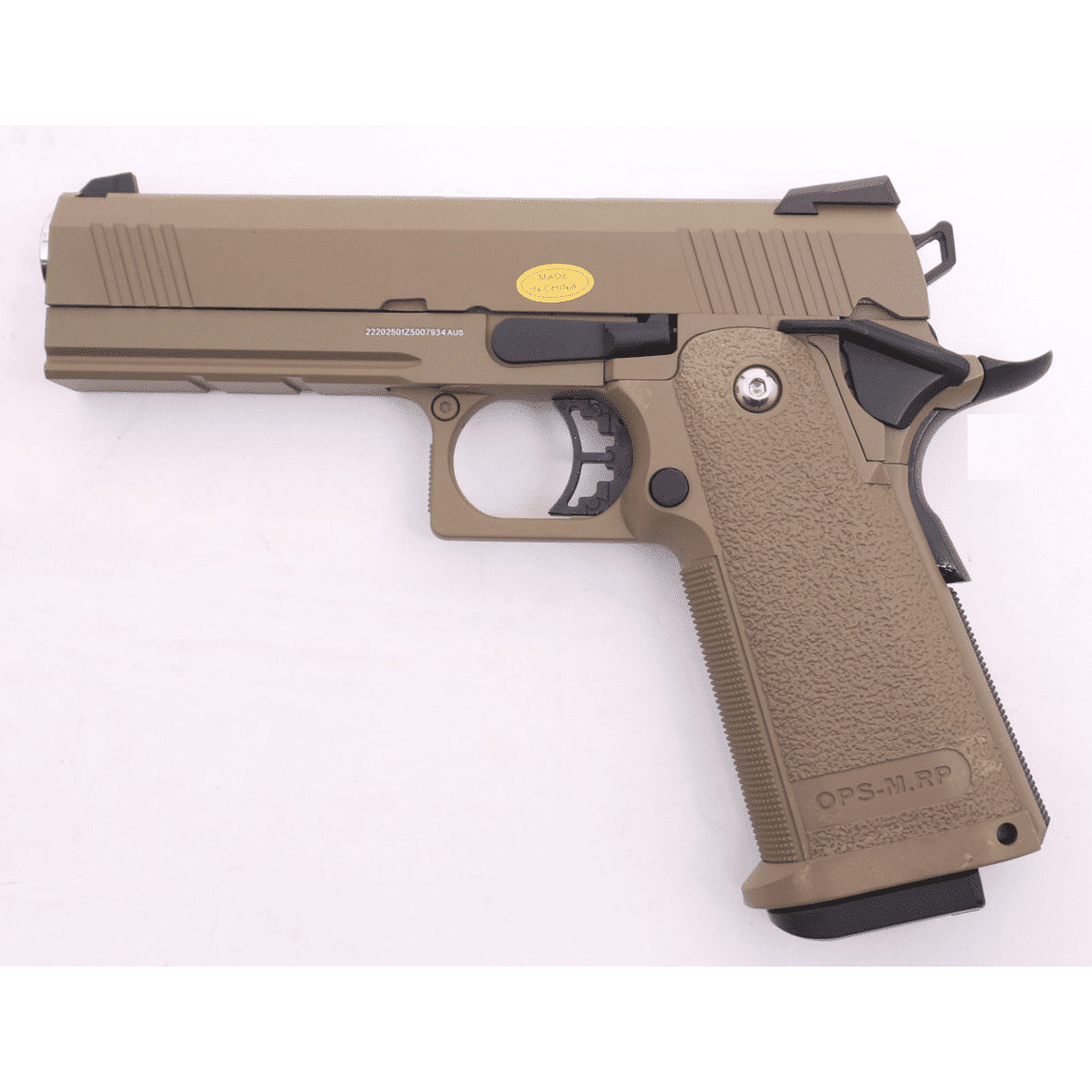 GOLDEN EAGLE 3303T REPLIQUE PISTOLET BILLE OPS M.RP HI-CAPA 4.3 GAS/CO2 POWERED BLOWBACK FULL METAL GEL BLASTERColour: Tan