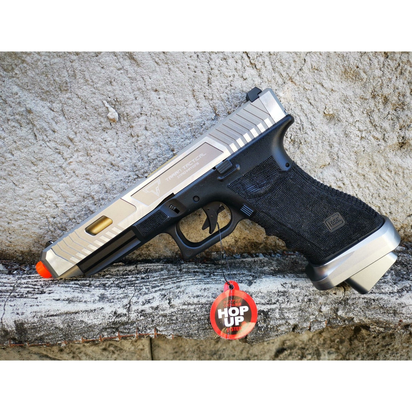 Double Bell Glock 34 TTI Style JW John Wick Pistol With Wood Case GBB Gel Blaster silver slide